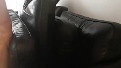 Humping and cumshot on my sister's black leather couch