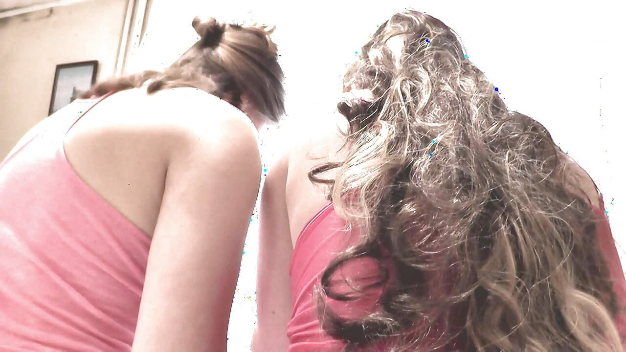 Two girls Old adult mature MILF and young girl virgin in sexy T shirt without panties bra in kitchen kissing. Lesbians Nudists