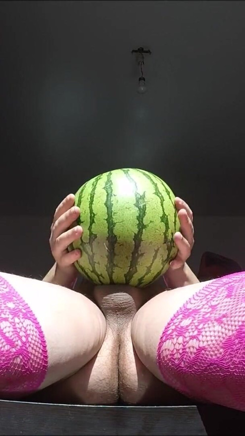 trans fucking a watermelon and cum | Clip 2