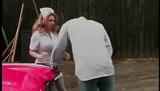 Busty nurse gets her twat licked in her uniform outside
