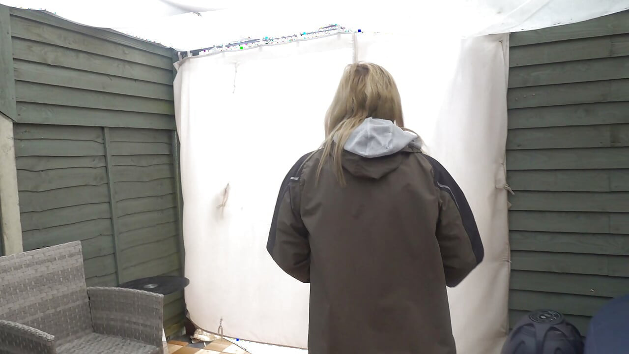 Flashing in the Yard in Tan Pantyhose and Coat