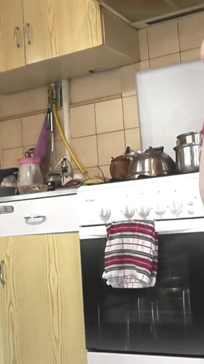 Two women. Adult mature MILF and teen virgin girl in red erotic lingerie without panties kiss on lips in kitchen. Old and young | Clip 3