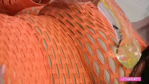 Brunette with sex toy is pleasing her pussy, all in fishnets