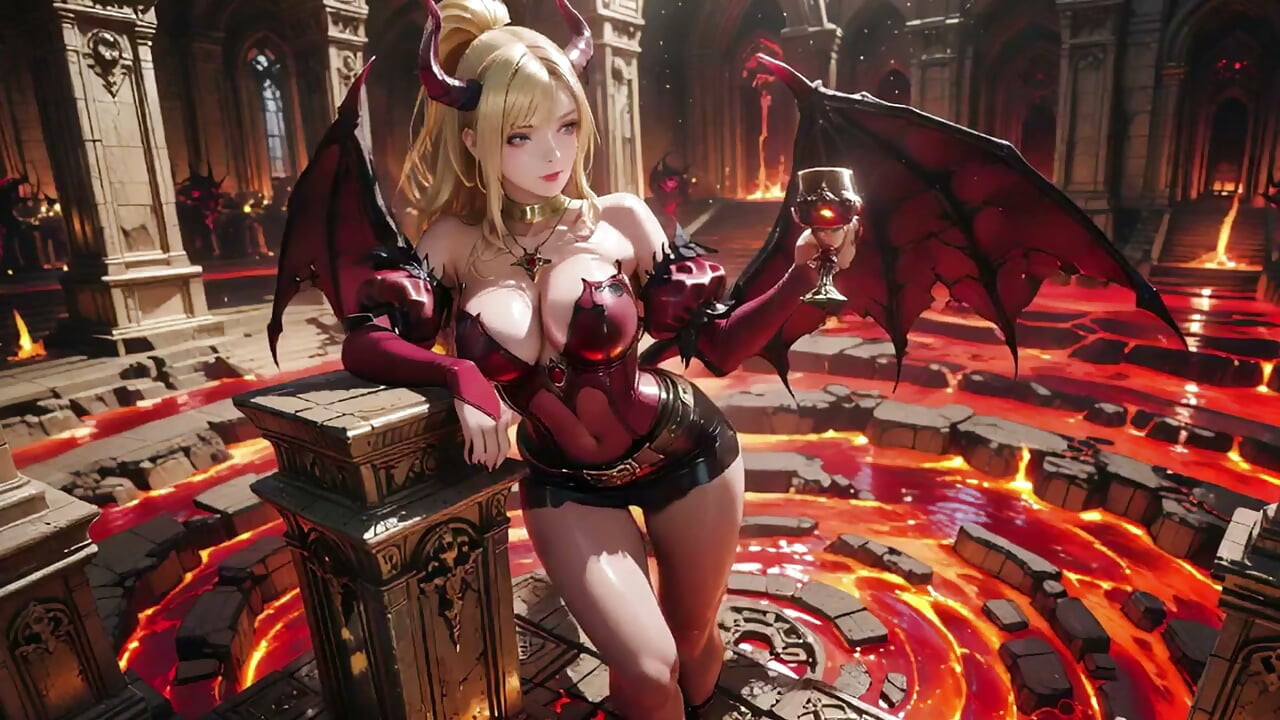 Trono da Lava! Loira Demon Queen se ajoelha e abre asas, provocação preguiçosa com um copo.
