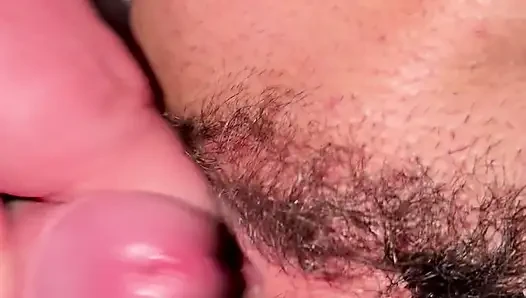 Horny cock rubbing and fucking my big hairy pussy with pissing and cumshot