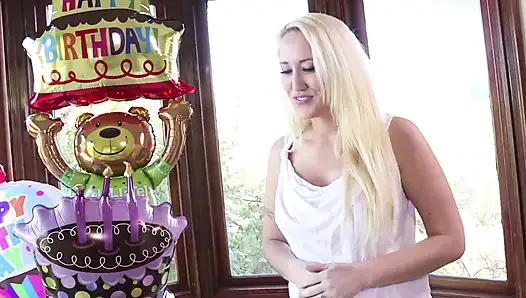 Two blonde girlfriends celebrate birthday and try on the hot desouses right away