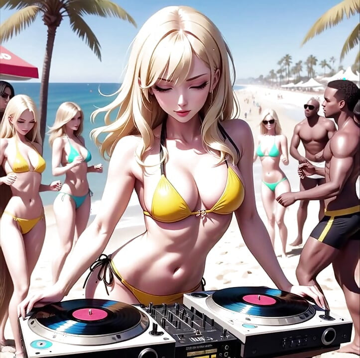 Anime Seksikäs DJ rannalla Synthwave Retrowave