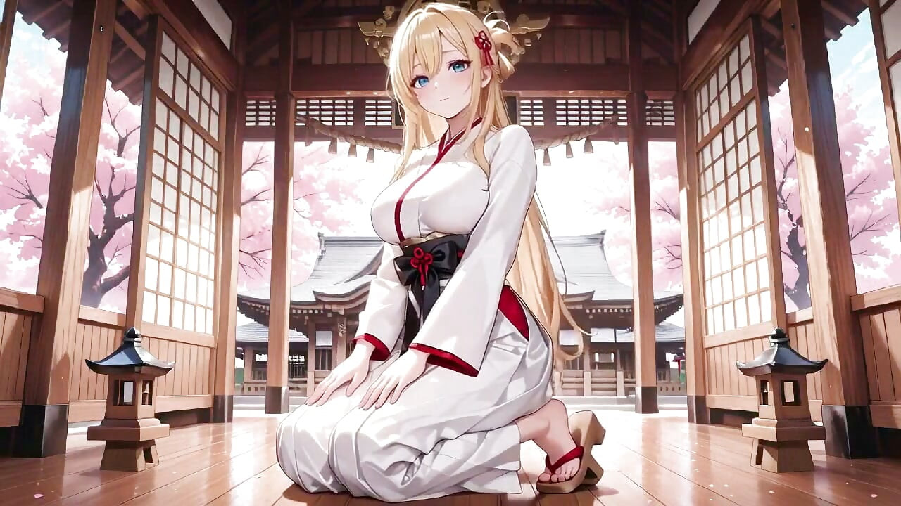 Rubia Kimono chica Desde el santuario de Los Cerezos hasta el dormitorio, contraste de encaje negro!