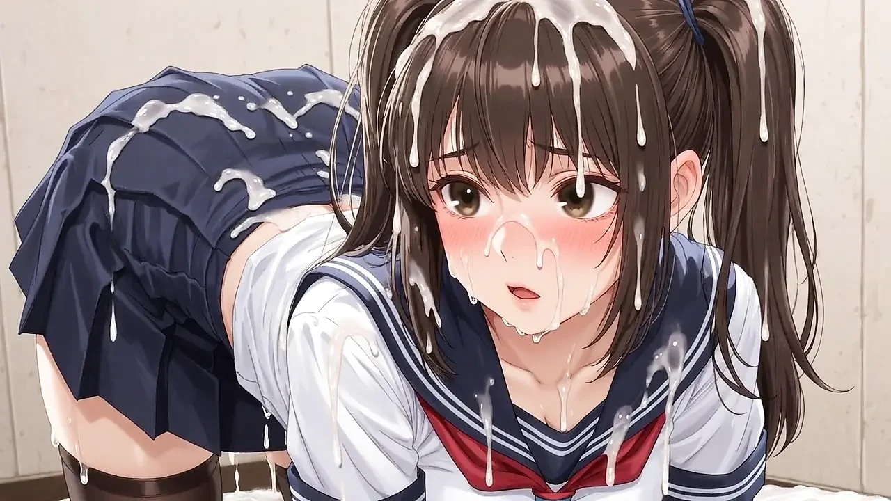 The student girl is cummed all over her face