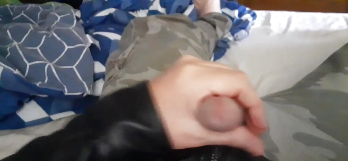 Cum in a black leather jacket