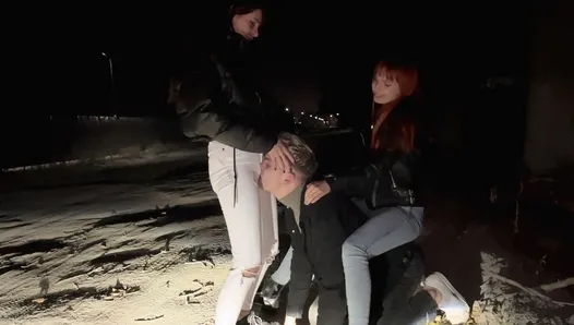 Bratty Girls Publicly Dominate An Enslaved Guy Outdoors at Night