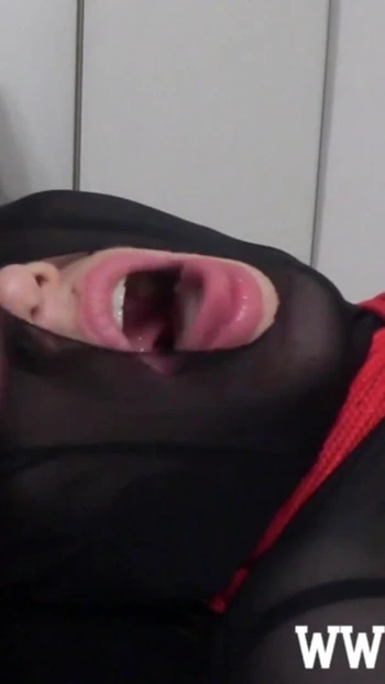 Spectacular moment from "Amateur Bondage: Tied up nylon slut facefucked and jerked on"