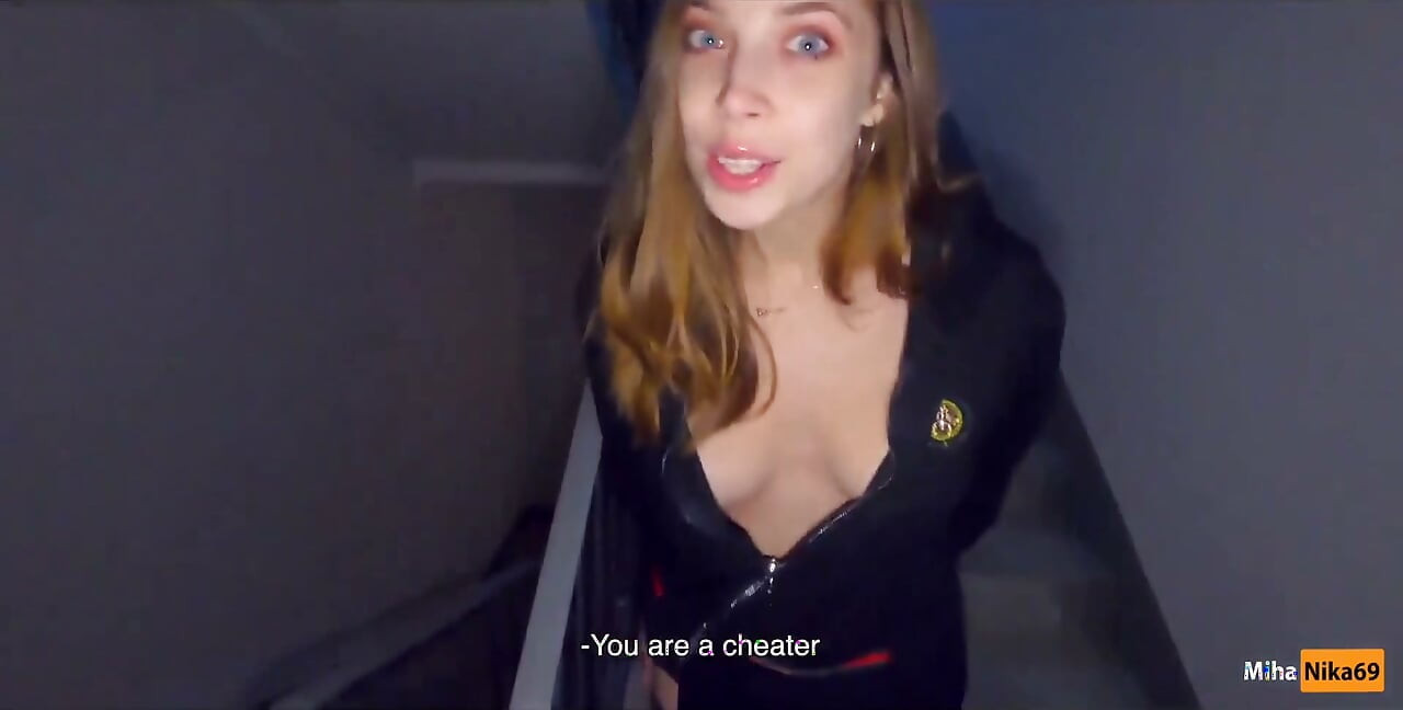 While Parents Are at Home We Fuck in the Staircase - Cum in Panties and Wear - POV