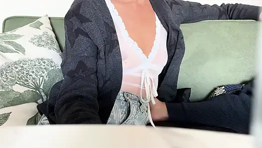 Drinking coffee in a see through shirt exposing pierced nipples in public cafe while my husband touches my boobs