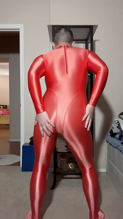 Orange Amoresy Spandex Suit, Hot Sex Jerk Off with Condom and Cum