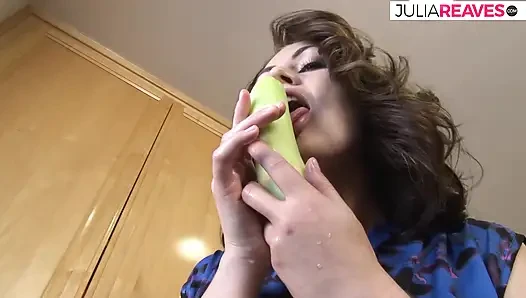 Brenda masturbates in the kitchen with huge toys and groceries, including her ass