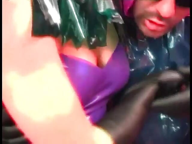 Two slutty slaves in latex sucks a hard big cock