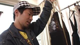 JAPANESE BITCH GAGS ON A HUGE COCK THEN BENDS OVER FOR A