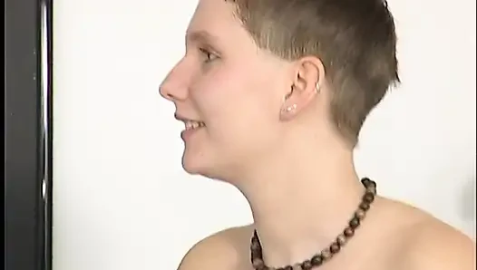 Short hair brunette with big boobs is blowing big cock