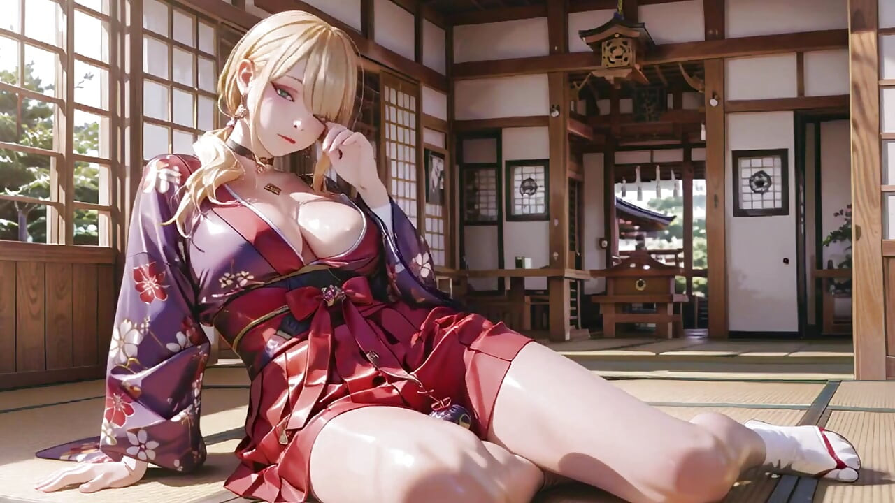 Blonde Goddess in the Japanese Corridor, Lazy Gazes, Hand on Hips, Sunlight Drenching Her Skin