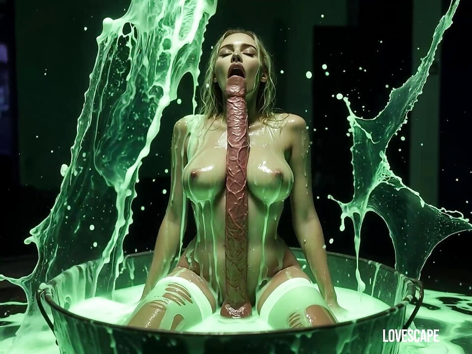 두꺼운 녹색 점액으로 목욕하는 혀 소녀