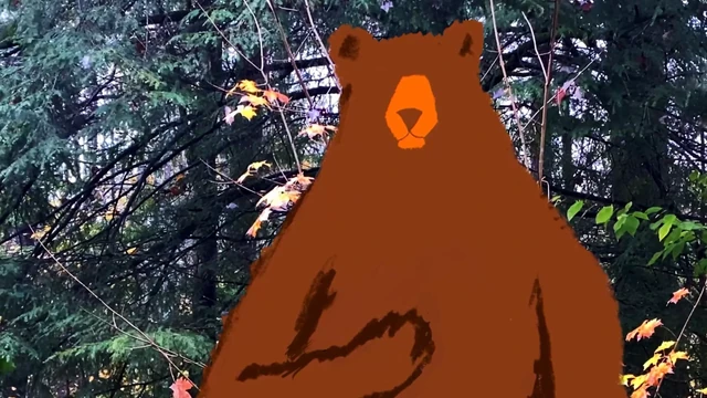 A naked Bear in the woods. Live action and cartoon.