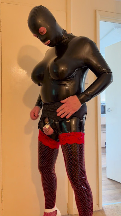 Big boob latex cat suit & chastity.
