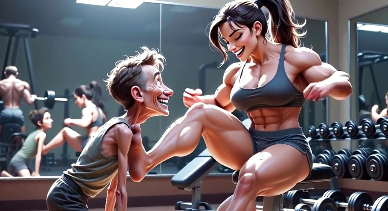 Mulher musculosa humilha homem magro - dominação dos pés