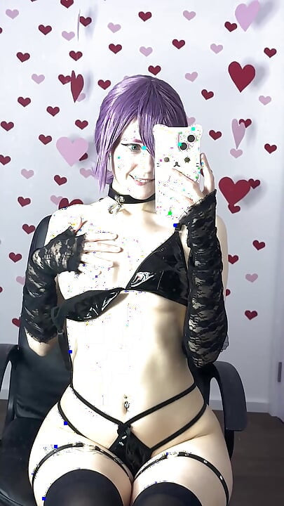 Purple Hair Teen in Latex Lingerie Strips for Her Boyfriend on Chair