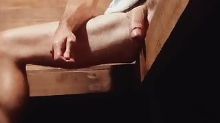 Sexy dad with long white dick plays with himself in the sauna until cumming
