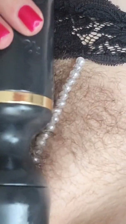 Closeup amateur milf Munichgold with long labia and hairy pussy does it for you in a pearl thong | Clip 2