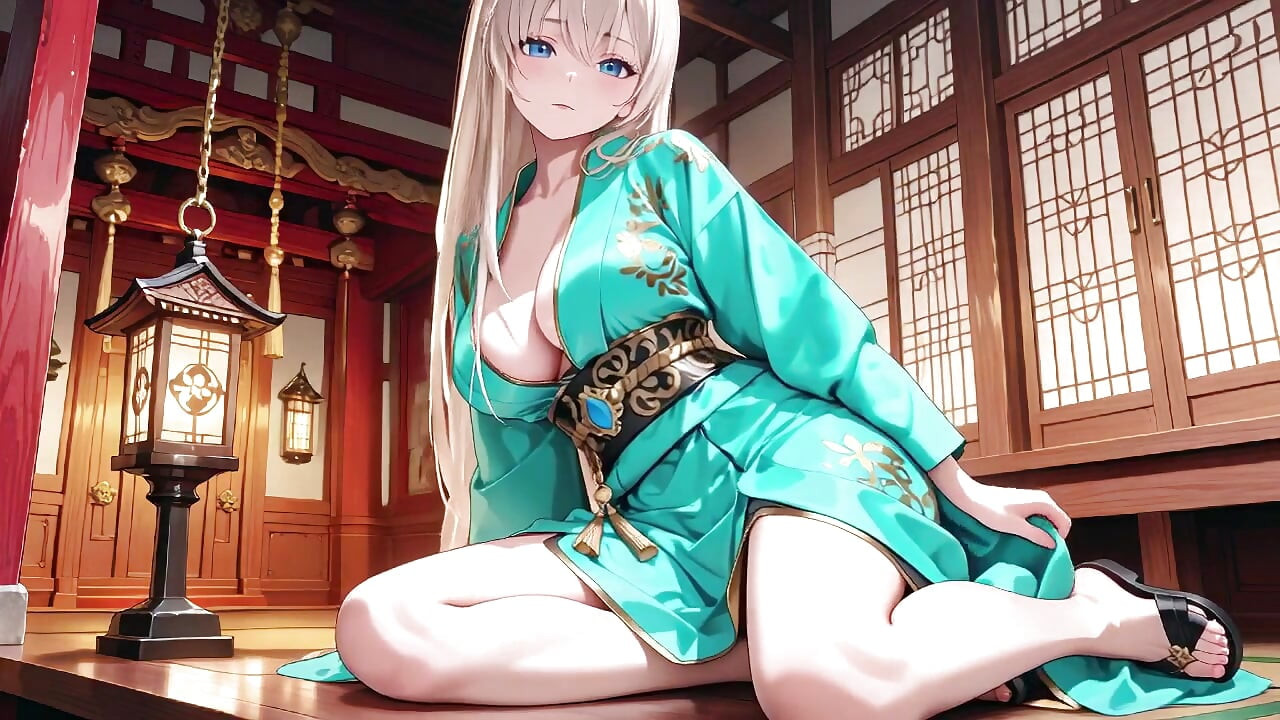 Blonde in a Green Kimono! Lazy Terrace Reading, off-shoulder Design Is Too Sinful!