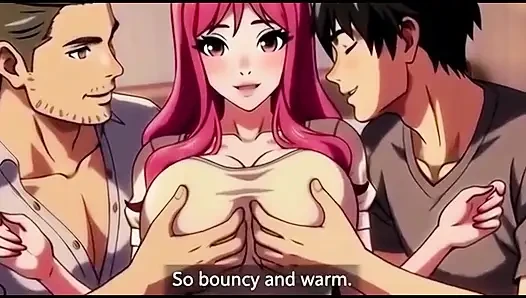 Two boy and one girl threesome in hotel room