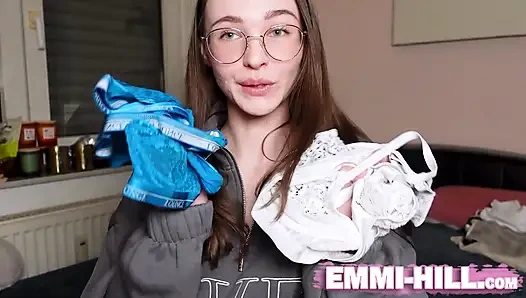Skinny girl with small boobs and big labia shows off her lingerie collection