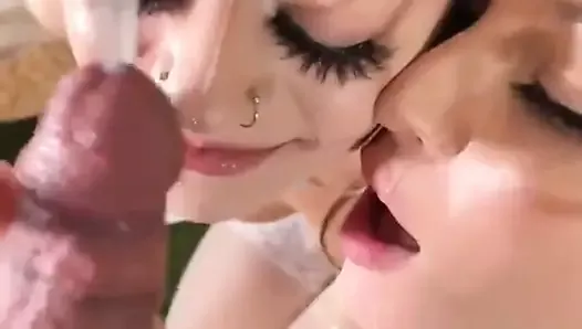 Blond and brunette gives a blowjob