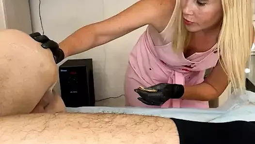 Waxing a man with a giant dick!