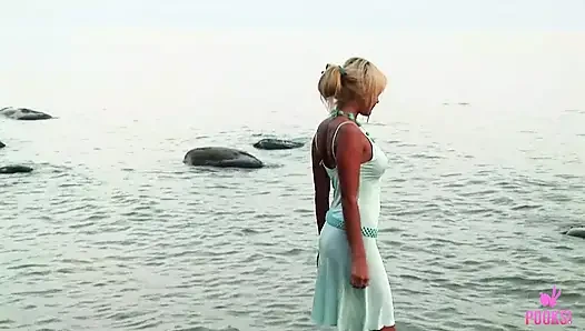 Carmen H's Sundress Clings As She Rubs Her Wet Cunt On Sandy Beach!