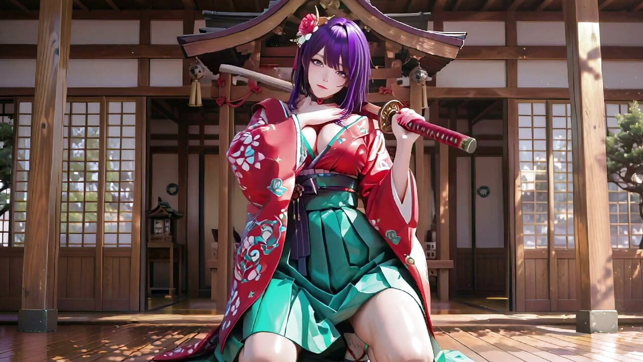 Purple Hair Kimono Girl's Private Morning! Red & Green clash is insane.
