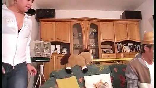 Sexy German blonde rides dick of an older dude