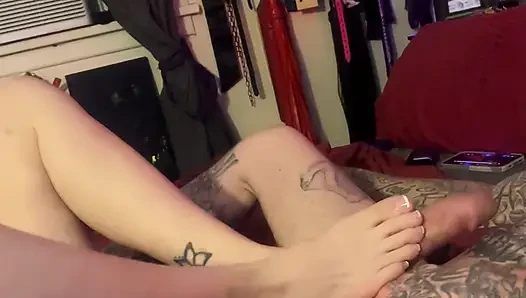 Petite lil sexy babe gives Footjob to a big hard cock