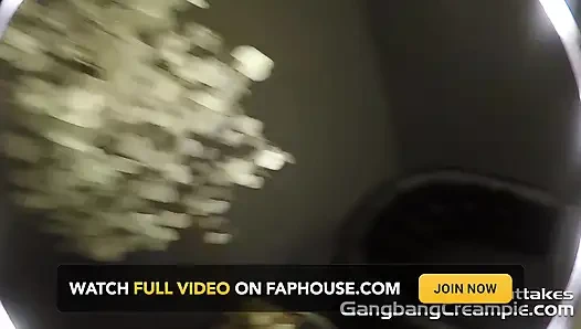 Sarah Vandella gives four men blowjobs then gets fucked in the shower BTS