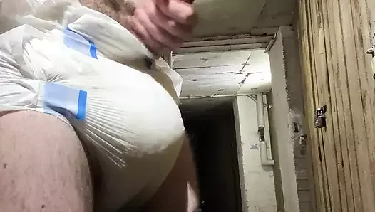 Diaper boy with thick diaper masturbates in public