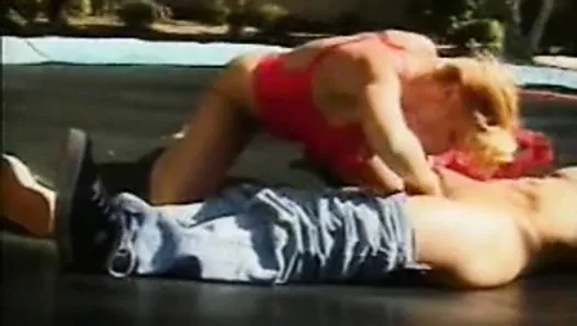 Sexy short hair blonde fuck on trampoline