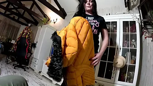 Shiny Yellow Downjacket BJ - Pussy Rules Shirt and Double Cum on My Clothes