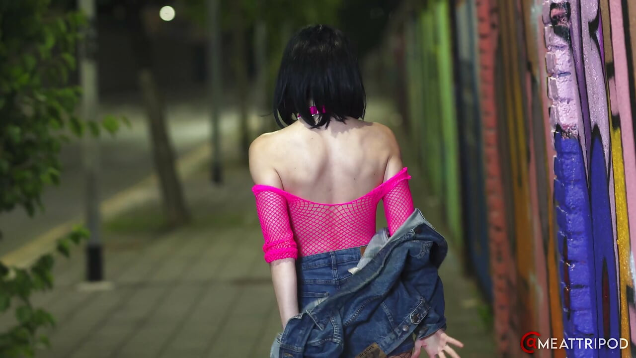 Skinny Punk Brunette in Fishnets and Glasses Dances Naked in the Streets and Sucks My Cock