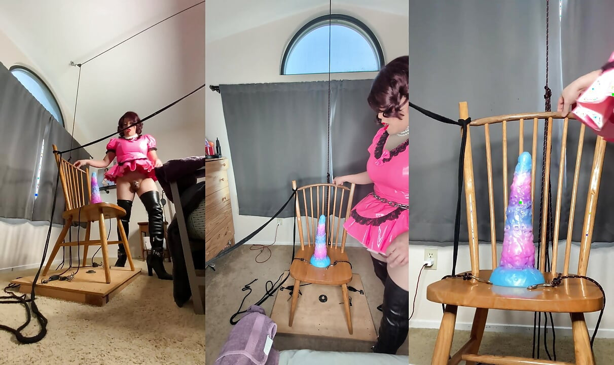 Sissy Candy in Self Bondage with Huge Dildos