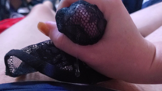 Dirty talk while I give his cock a handjob with my sexy boy style lacy panties until he drips a huge drop of precum.