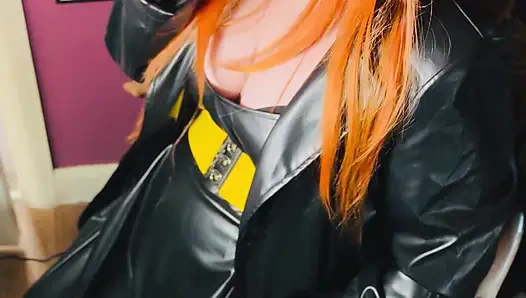 The Gothic Cutie Tina Snua Dressed In a Leather Coat & Smoking A Cork 100 Cigarette - Ginger Miss Smokes In A Leather Outfit OME