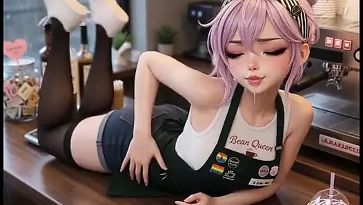 Hot sexy tiny barista is waiting for her customer, mastubrating