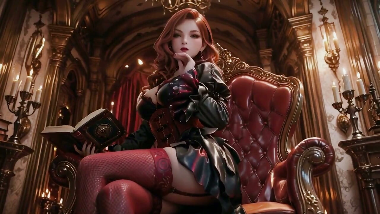 고딕 빨간 머리 여왕! 촛불이 켜진 홀에서 호화로운 대관식, 골든 컵과 쉬어 스타킹으로 무릎을 꿇고